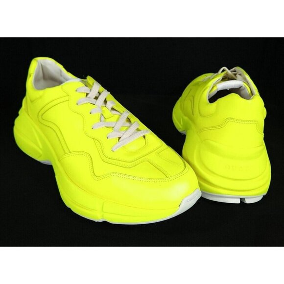 Gucci Rhyton Leather Sneaker US 12.5 46 Mens Fluorescent Neon Yellow - Picture 2 of 14
